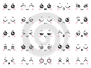 Cute doodle emoticons with facial expressions. Japanese anime style emotion faces and kawaii emoji icons vector set photo