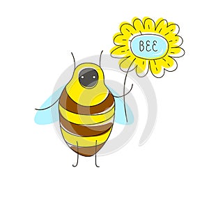 Cute cartoon concept with funny bug: bee, flower and name text.