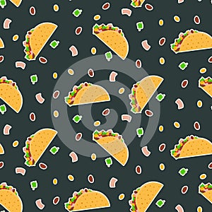 Cute cartoon contrast vector tacos pattern on dark background