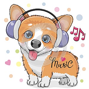 Cute cartoon Corgi Dog with headphones photo