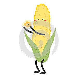 Cute cartoon corn character isolated on white background. Corn kissing a baby. Flat style