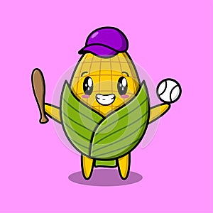 Cute cartoon corn character playing baseball