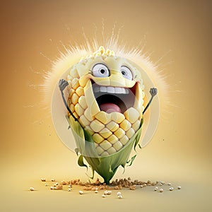 Cute Cartoon corn on the cob popping popcorn Character. Generative Ai