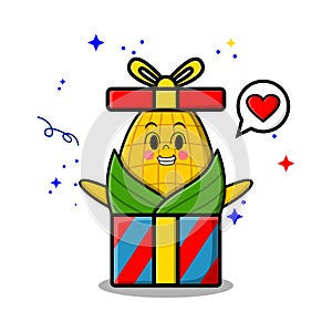 Cute cartoon corn coming out from big gift box