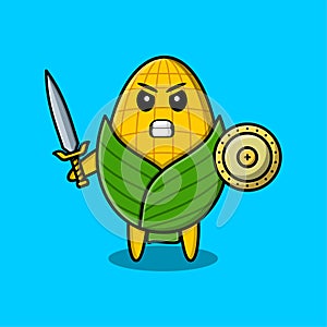 Cute cartoon corn holding sword and shield