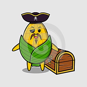 Cute cartoon Corn pirate with treasure box