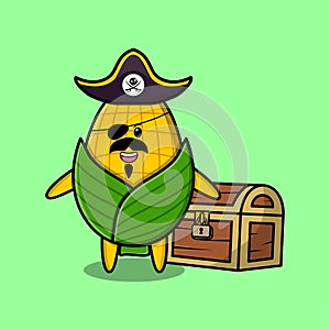 Cute cartoon Corn pirate with treasure box