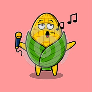 Cute cartoon corn singer character holding mic