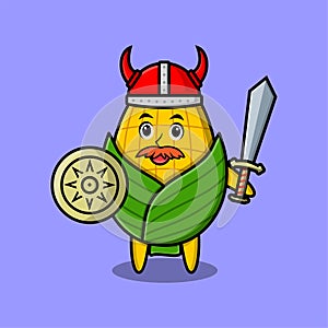 Cute cartoon corn viking pirate holding sword