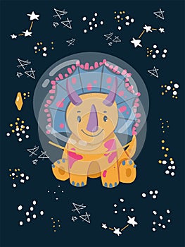 Cute cartoon cosmo little dinosaur - vector illustration. Cute simple dino night sky, stars -Great for designing baby clothes