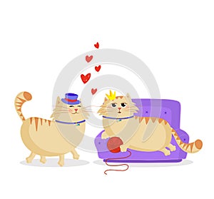 Cute cartoon couple of cats in love. Male and female kittens in love