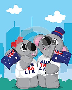 Cute cartoon couple of koala bear on the city. 26th of January Happy Australia Day poster