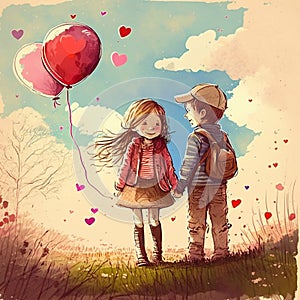 Cute cartoon couple in love on Valentine`s Day holding hands with heart balloon, valentines day