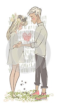 Cute cartoon couple with pregnant woman