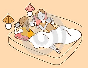 Cute cartoon couple using gadgets in bed