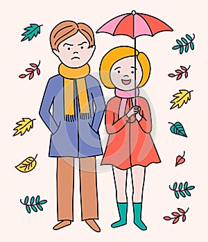 Cute cartoon couple walking in the rain with umbrella