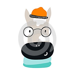 Cute cartoon cow animal with glasses and a scarf. Kids hand drawn vector illustration in scandinavian style