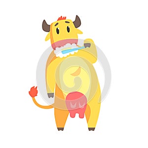 Cute cartoon cow brushing teeth with tooth brush and paste colorful character, animal grooming vector Illustration