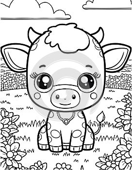 Cute cartoon cow or calf in a flower meadow. Farm animal in line drawing.