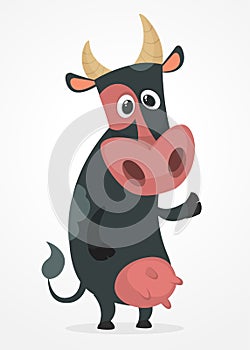 Cute cartoon cow character pointing on something isolated on white background