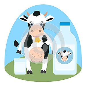 Cute cartoon cow with glass and milk bottle and label on it