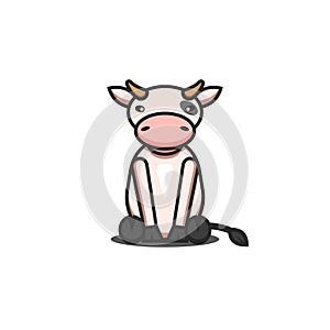 Cute cartoon cow toy character children vector illustration, sitting animal isolated on white background