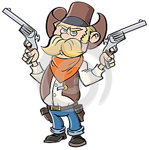 Cute cartoon cowboy with yellow moustache. He has two six shooters