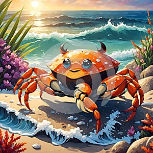 cute cartoon crab on the seashore