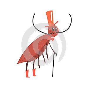 Cute cartoon cricket character wearing a hat and holding cane vector Illustration