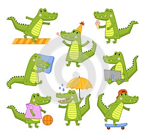 Cute cartoon crocodile. Aligator mascot in different activities, funny tropical animal character and happy smiling