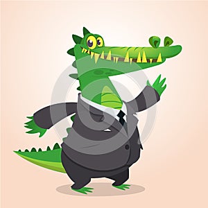 Cute cartoon crocodile, alligator or dinosaur wearing black businessman suit. Vector illustration