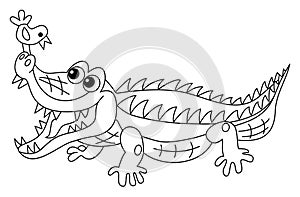 Cute Cartoon Crocodile with the Bird. Vector Colouring Crocodile