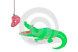 Cute cartoon crocodile for children graphics. Green alligator with piece of meat. Predator and meal. Animal feeding