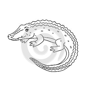 Cute cartoon crocodile for coloring page or book. Black and white outline illustration of animal character