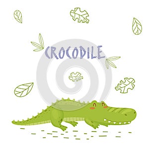 Cute cartoon crocodile in jungle on a white backgrount.