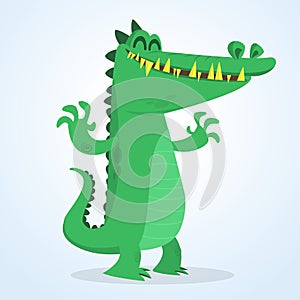 Cute cartoon crocodile. Vector illustration of a green crocodile waving ahands. Isolated on white.