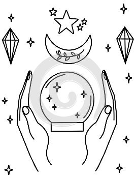 Cute cartoon crystal ball, human hands, moon and stars black and white vector illustration for coloring art