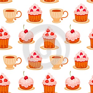 Cute cartoon cupcakes with cream and berries, cups of tea or coffee. Sweet food design concept isolated on white background.