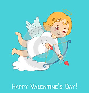 Cute cartoon cupid for Valentine`s Day on blue background