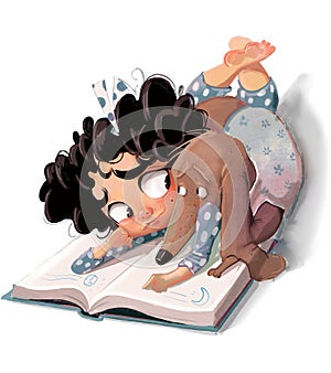 cute cartoon curly girl with a dog and book