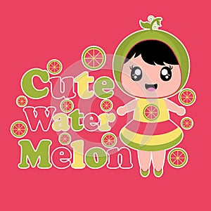 Cute cartoon with cute watermelon girl on pink background vector cartoon