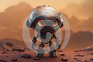 Cute Cartoon Cyborg With Very Big Eyes And A Pitying Look The Background Of Martian Earth. Generative AI