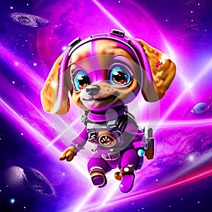 Cute cartoon dachshund dog astronaut flying in space. AI Generated