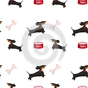 Cute cartoon dachshund puppies with bones and bowls on a white background