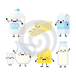 Cute cartoon dairy products characters vector illustration isolated on white background. Kawaii dairy products