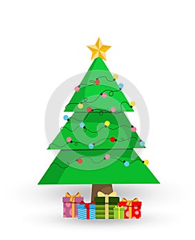 Cute cartoon decorated Christmas fir tree with gifts and presents on white