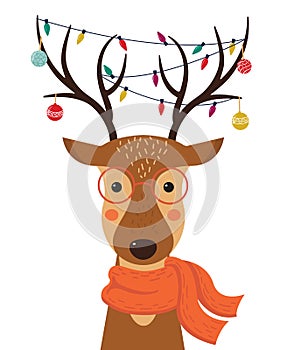 Cute cartoon deer with Christmas toys, garlands on the horns and scarf.
