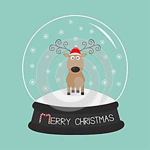 Cute cartoon deer Curly horns, red hat. Crystal ball with snowflakes. Merry christmas blue background card Flat design