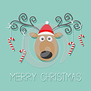 Cute cartoon deer with curly horns, red hat and hanging stick candy cane. Merry christmas blue background card Flat design