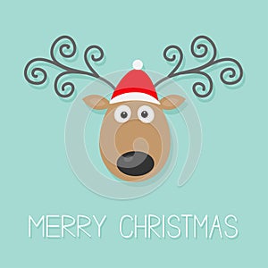 Cute cartoon deer with curly horns and red hat Merry christmas background card Flat design